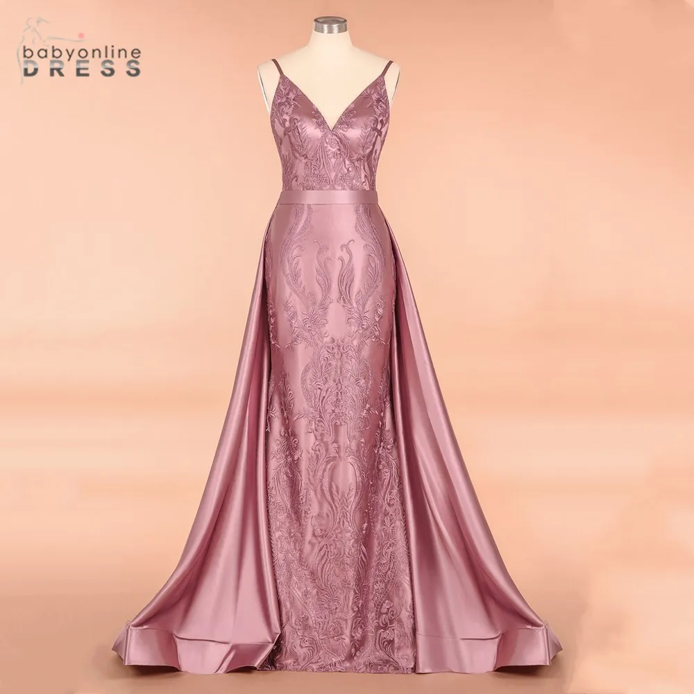 

Elegant Lace Mermaid Backless Prom Dresses Sexy Satin Evening Party Dresses With Detachable Train Vestido De Festa Longo