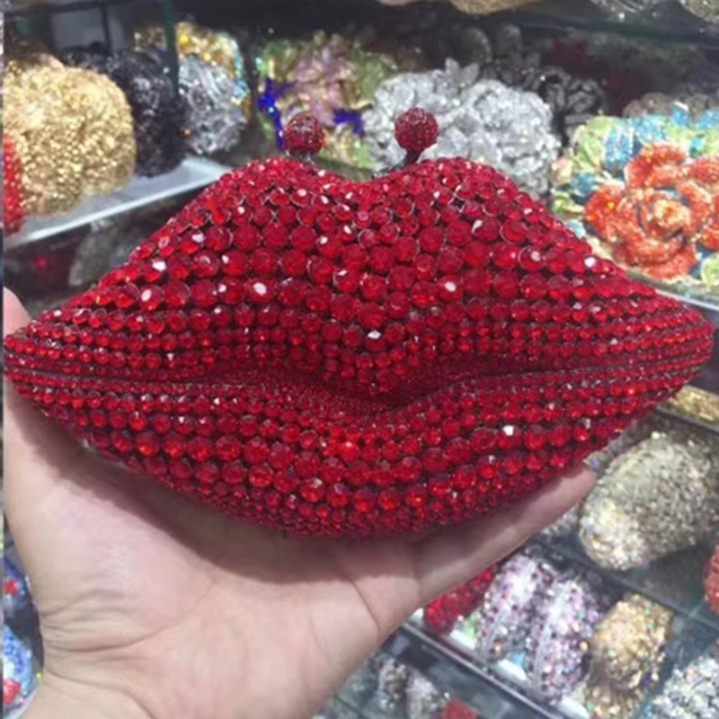 

Red Mouth Shaped Evening Bag AB Rhinestone Wedding Bridesmaid Crystal Purses Diamond Clutches Dinner Minaudiere Party Handbags