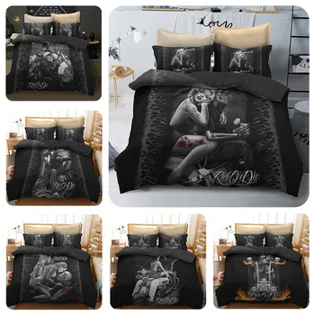 

3D Black Bedclothes Bed Set Skull Beauty Motorcycle Reactive Printed 3pcs Bedding Sets Duvet Cover Pillowecases Home Textile