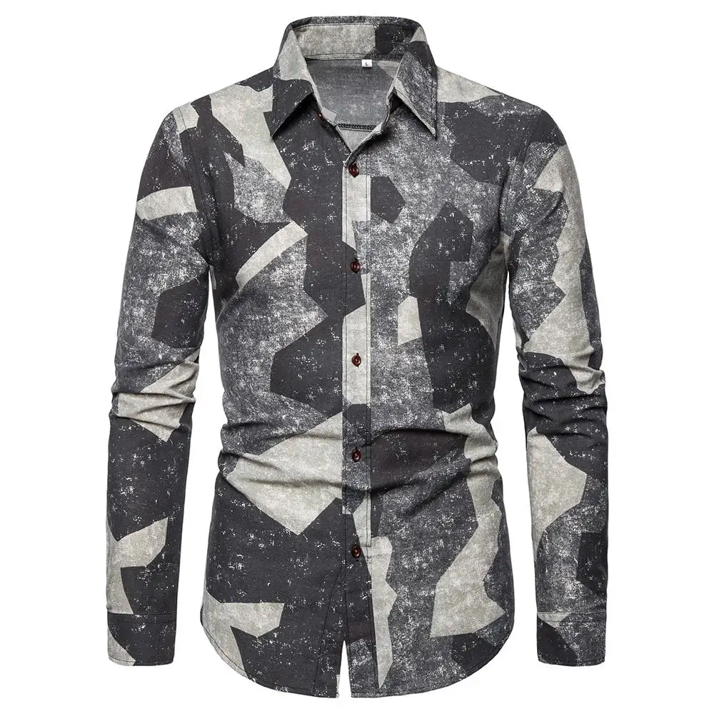 

Linen Mens Shirts Long sleeves Black White Floral Social Shirt Men Casual Blouse Man Plus Size New
