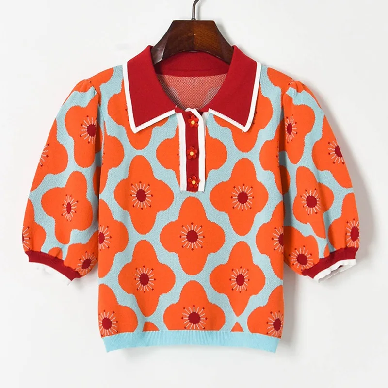  Women Chic Flower Button Thin Sweater Summer New Lapel Color contrast Flower Jacquard JKP5863