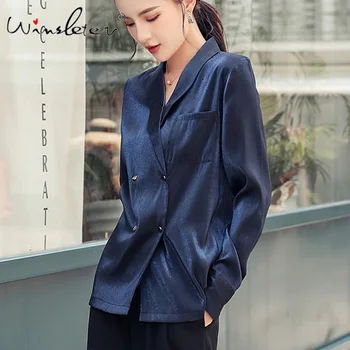 

2020 Spring One Pocket Women Blue Shirt Female Blouse Tops Long Sleeve Notched Collar OL Style Loose Blouses Blusas T02204B