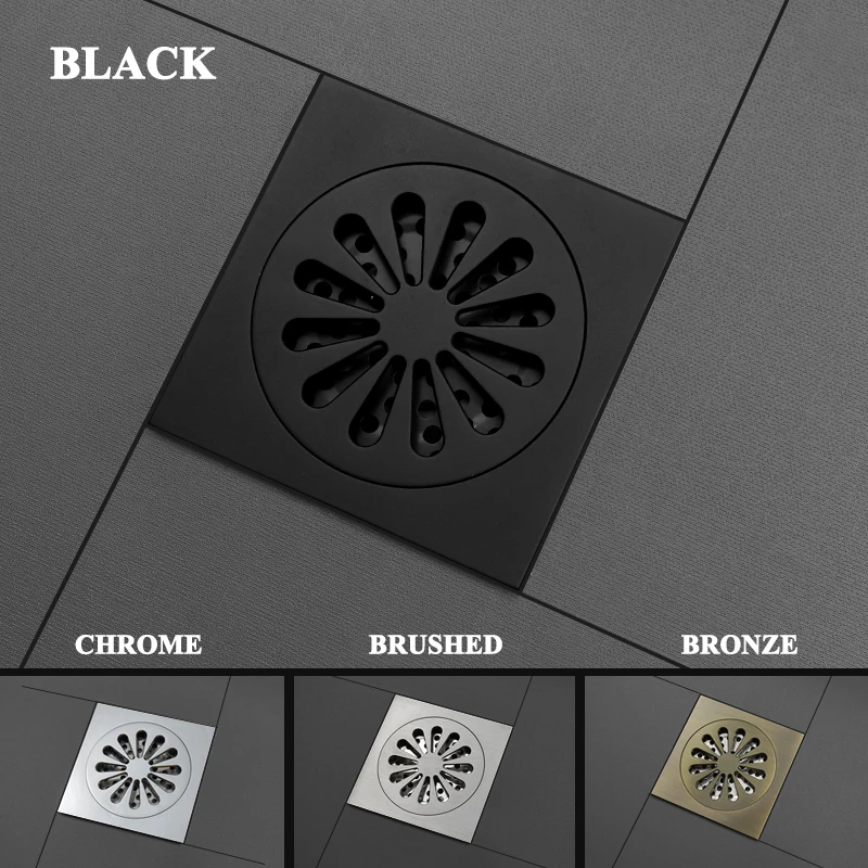 Matt Black Brass Shower Drain Bathroom Floor Drain Tile Insert Square