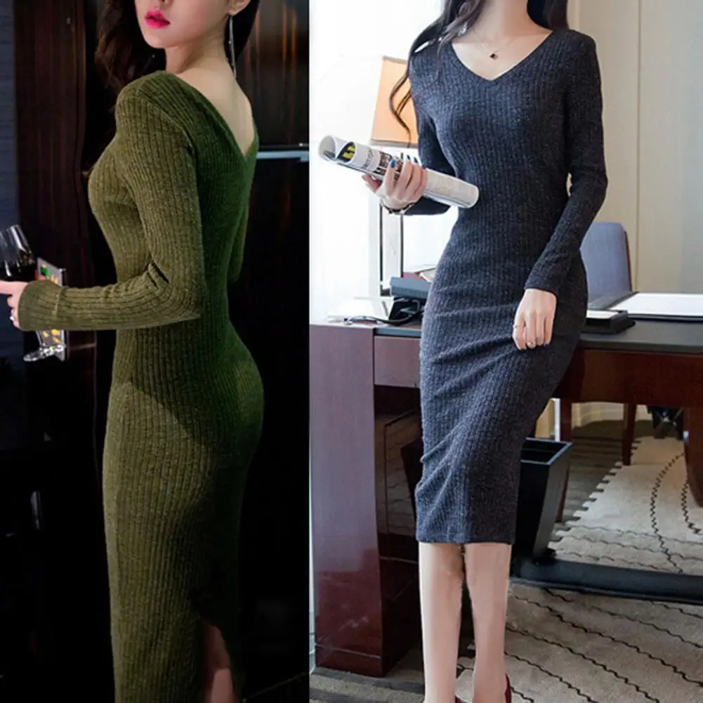 

Vestidos sexy para mujer Vestido con cuello en v de otoño Manga larga de mujer color sólido Vestido largo delgado Vestidos