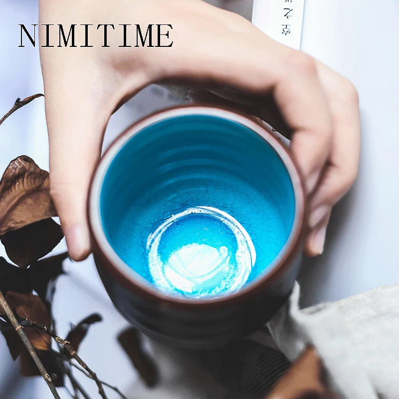 

NIMITIME Japanese Ceramic Ice Crack Glaze Blue Tea Drinking Mug Hand Retro Straight Household Wine Cup
