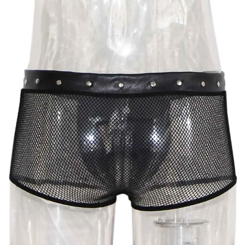 Men's Underpants Black Faux Leather Boxer Shorts Men Punk Transparent Fishnet Lingerie Hot Zip Open Front Underwear Gay Panties (3)