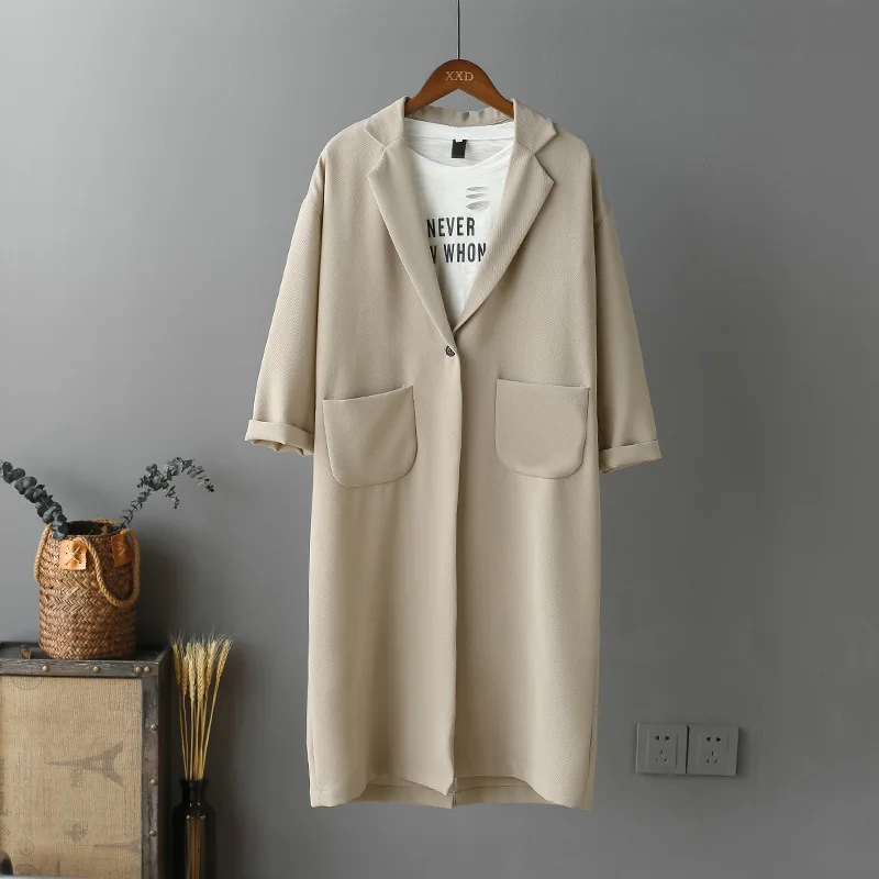 Women Autumn Korean Style Long Trench Coats Casual Solid Pocket Single Button Loose Overcoats Outwear Tops WDC3974