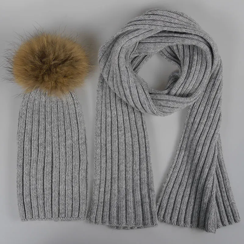 grey natural От 1 до 5 лет, Ангорская смесь, вязаная шапка и шарф для девочек, комплекты для малышей, натуральный мех, помпон, имитация кашемира, шапка, шарф, комплект для мальчиков - Цвет: grey natural