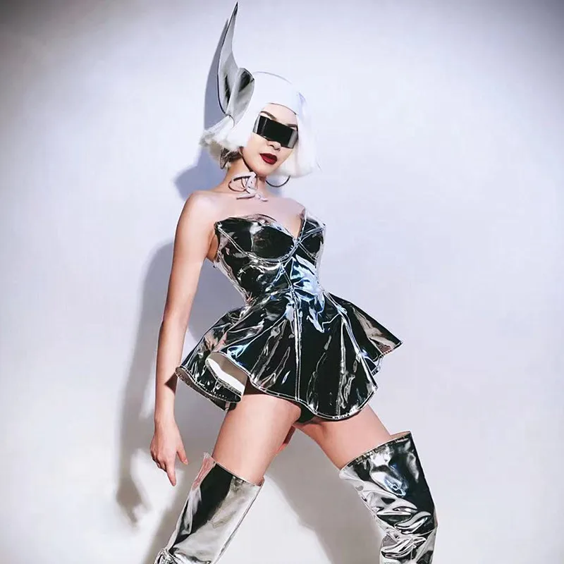 女性用シルバーレーザーミニドレス,ダンサー,未来の技術,コスプレ