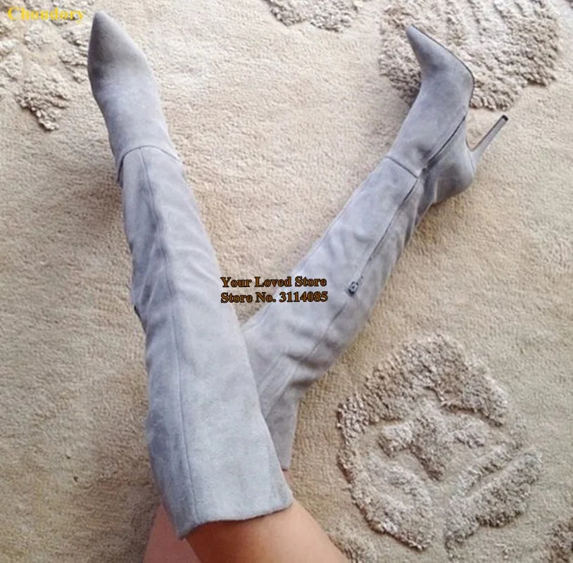 绒面尖头过膝长靴 (14)-后开口=