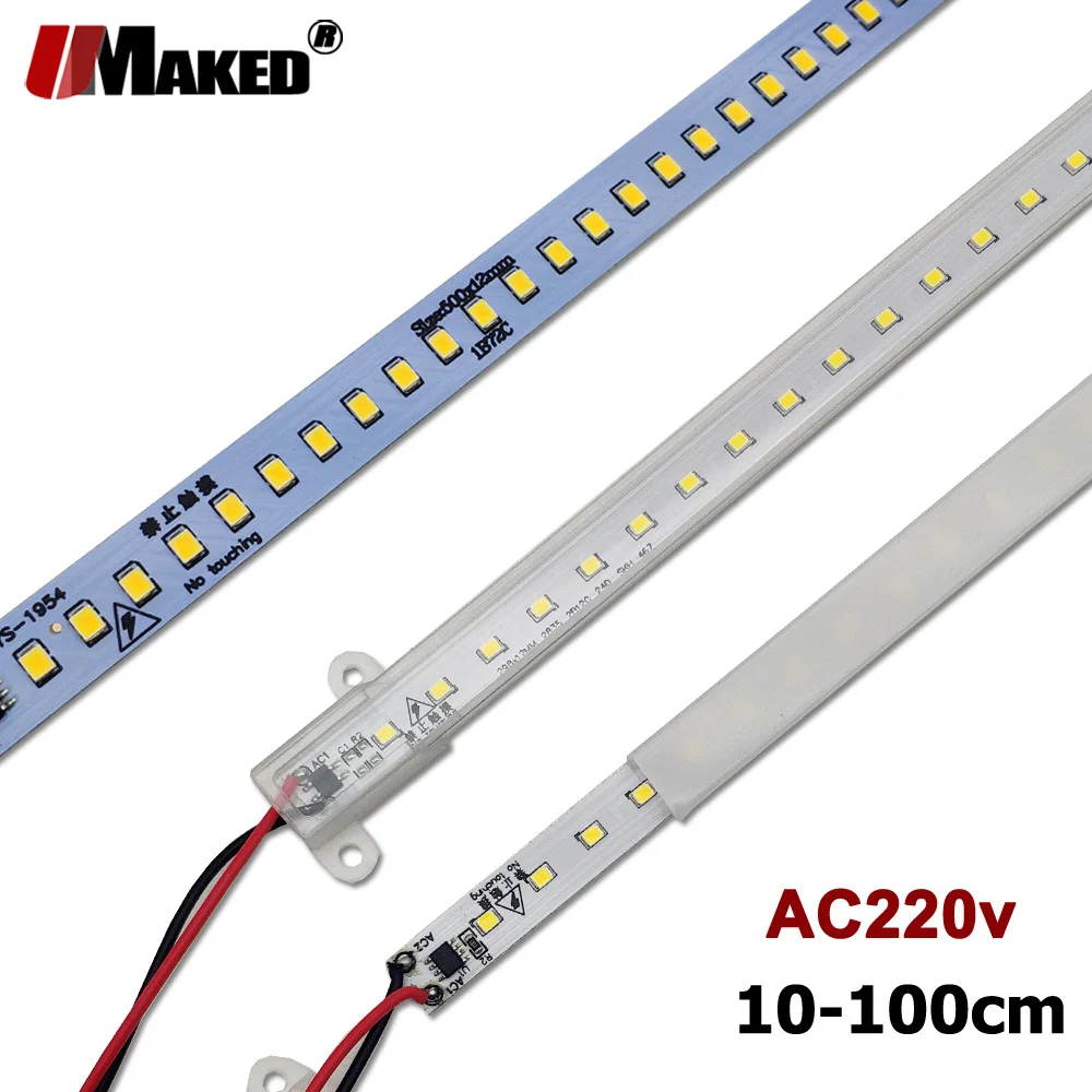 100pcs AC220V Led Bar Light High Brightness LED Tube 10-100CM SMD 2835 LED Rigid Strip With PVC Shell For Kitchen Cabinet Light