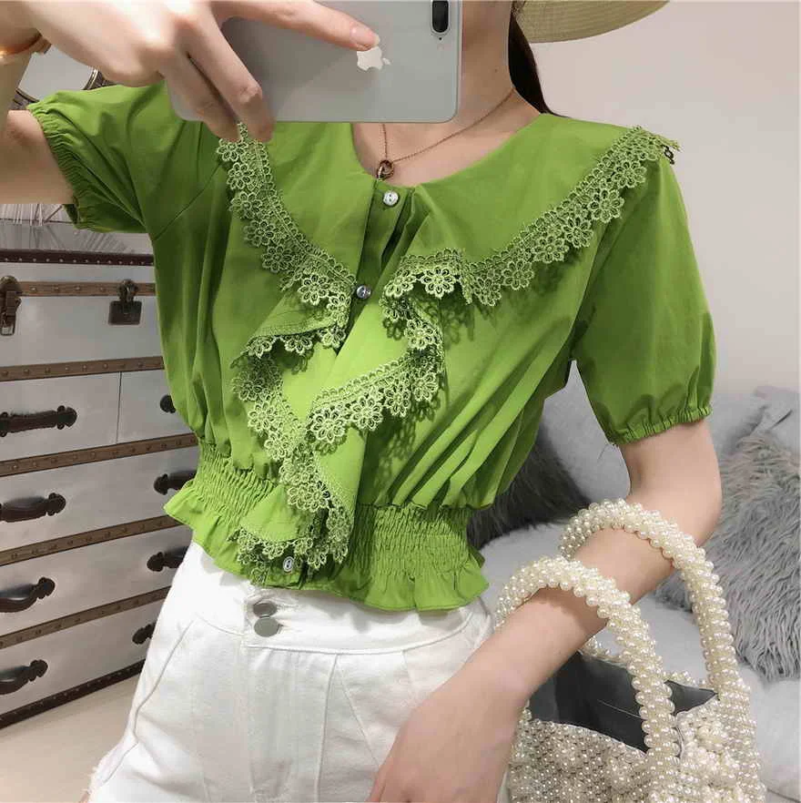 

Women 2019 Summer Retro Short Sleeve Shirt Lady Solid Color Short Crop Tops Ruffle Blusas Femininas Elegante H913