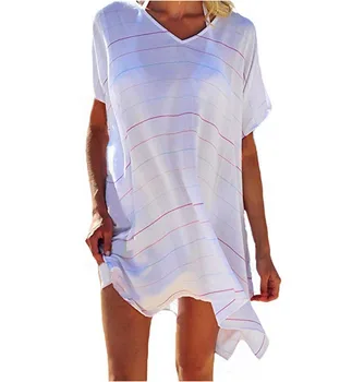

Women Kaftan Sarong Loose Bikini Cover Up Summer Striped Swimwear Swimsuit Beachwear Short Sleeve Cover-Ups