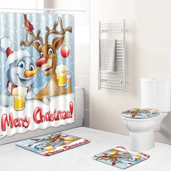 

Christmas Shower Curtain Mat Combination Four-Piece Set Bathroom Toilet Carpet Shower Room Mat Mat Cross-Border Hair