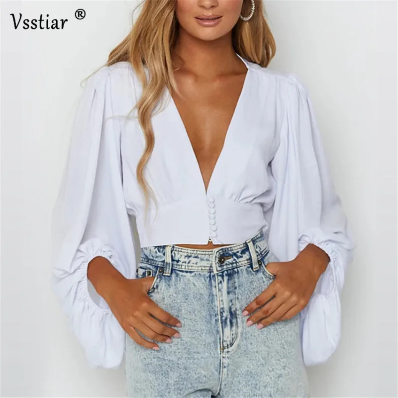 

Vsstiar Summer Lantern Sleeve Blouse Women Casual V Neck Office Shirts Loose Button Long Tops White Red Oversized Female Shirt