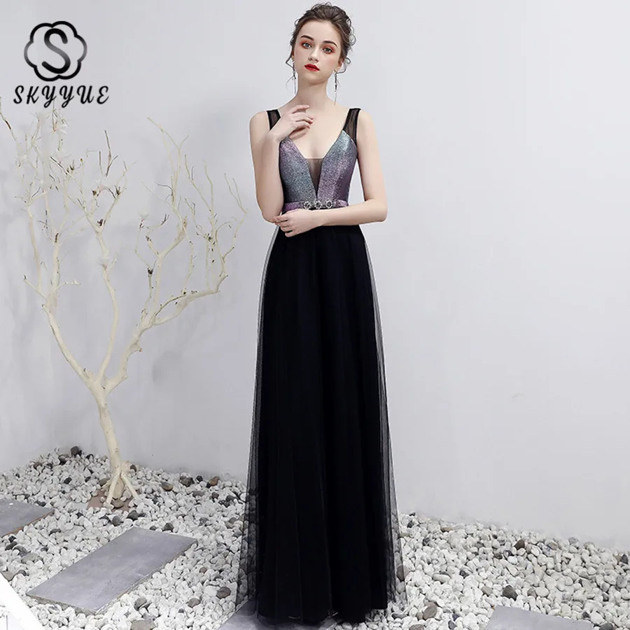 

Skyyue Evening Dress Sleeveless Floor Length Evening Dresses Crystal Sequin Formal Gown 2019 Tank A-line Robe De Soiree HH120