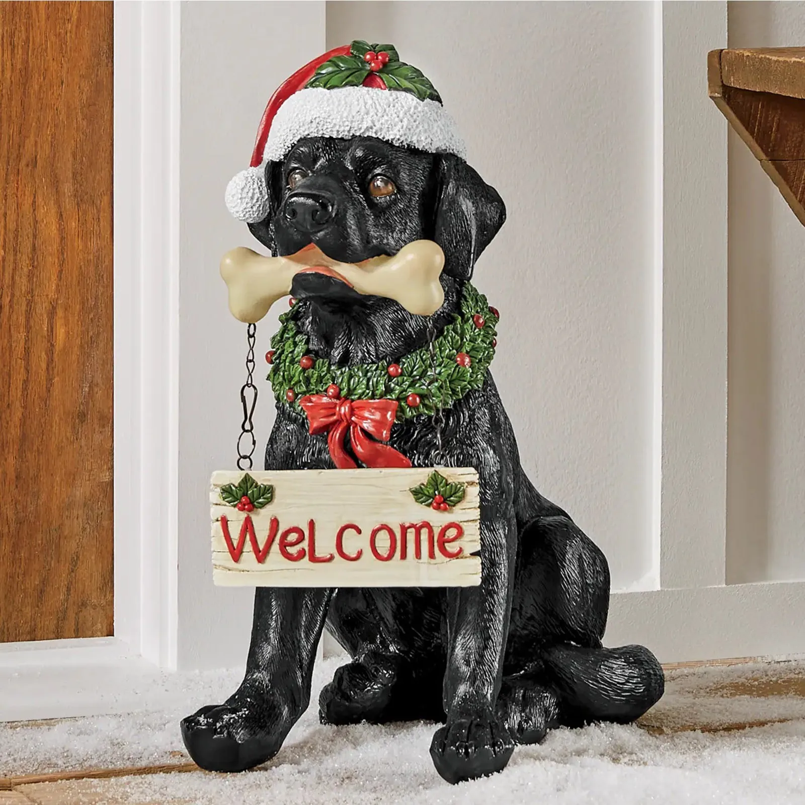 Christmas Dog Statue Holiday Sign Dog Black Statue Resin Crafts Wearing Santa Hat