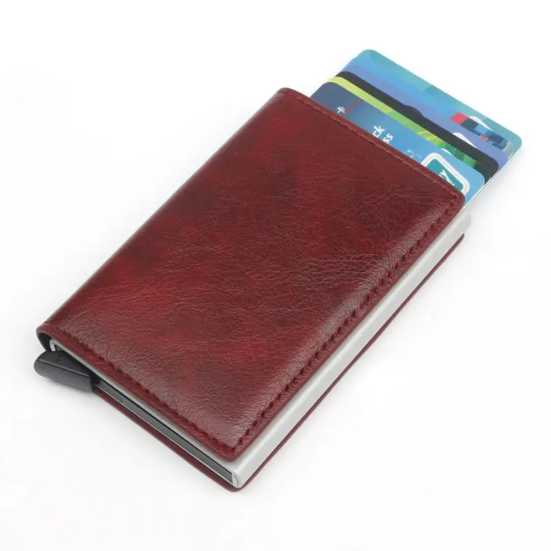 Кредитной держатель для карт Для мужчин и Для женщин металлический RFID Винтаж алюминиевая коробка искусственная кожа Crazy Horse Модный чехол-портмоне с отделением для карт