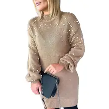 

Faux Pearl Decor Knitted Pullover Dress Half Turtleneck Autumn Winter Elastic Cuff Solid Color Sweater Dress Streetwear for Work