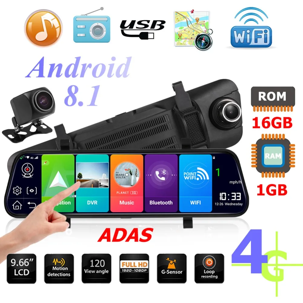 9,66 дюймов Автомобильное зеркало заднего вида DVR камера wifi 4G Android 8,1 DVRs камера gps навигатор ADAS g-сенсор ночное видение видеорегистратор