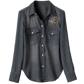 

Women Shirt 2020 New Exquisite Rhinestone Gray Denim Shirt Women