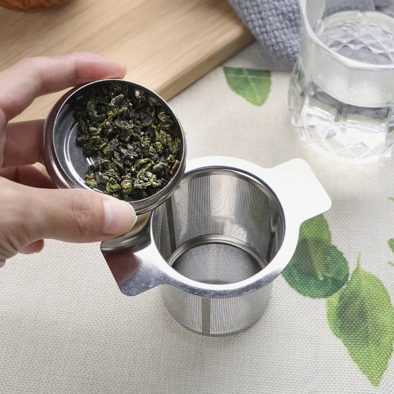 

1PC Reusable Coffee Filters Tea Leak with Lid Stainless Steel Tea Filter with 2 Handles Fine Mesh Tea Strainer