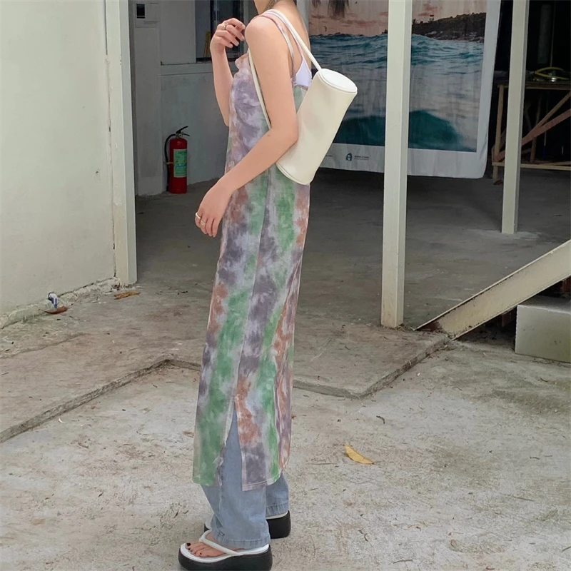 Cheerart Tie Dye Mesh Maxi Sheer Slip Jurk Voor Vrouwen 2021 Zomer Spaghetti Strap See Through Lange Jurk Designer Kleding