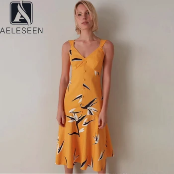 

AELESEEN Runway Fashion Yellow Dress 2020 High Quality Designer Spaghetti Strap V-Neck Flower Print Midi Party Holiday Dress
