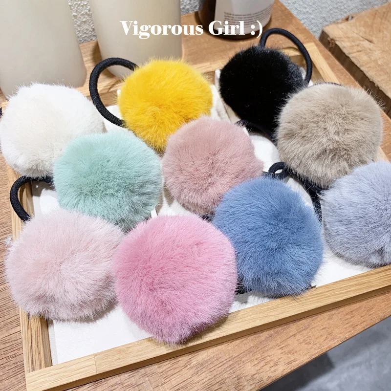 

Korean Trendy Faux Rabbit Fur Pompom Ball Hair Scrunchies Girls Elastic Ponytail Holder Hair Band Rabbit Fur Hair Accessories