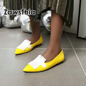 

ZawsThia 2020 Yellow Ladies Ballet Flats Shoes Women Loafers Slip On Ballerina Flat Patent PU Leather Point Toe Big Size 48 47