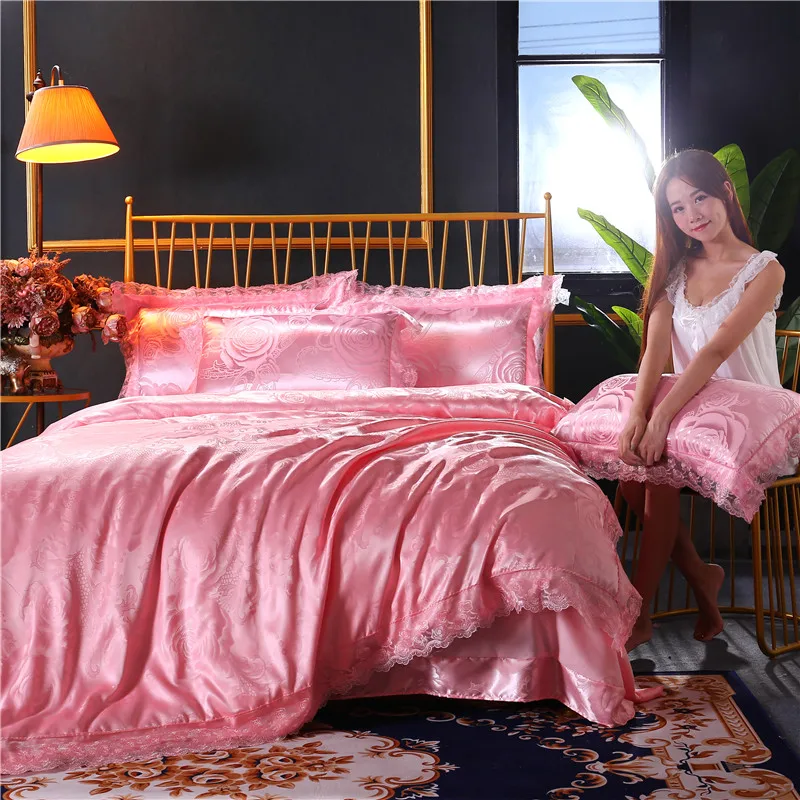003 Liv-Esthete Luxury Satin Jacquard Tribute Silk Bedding Set Lace Side Duvet Cover Flat Sheet Queen King Bed Linen Set For Adult - Цвет: 003