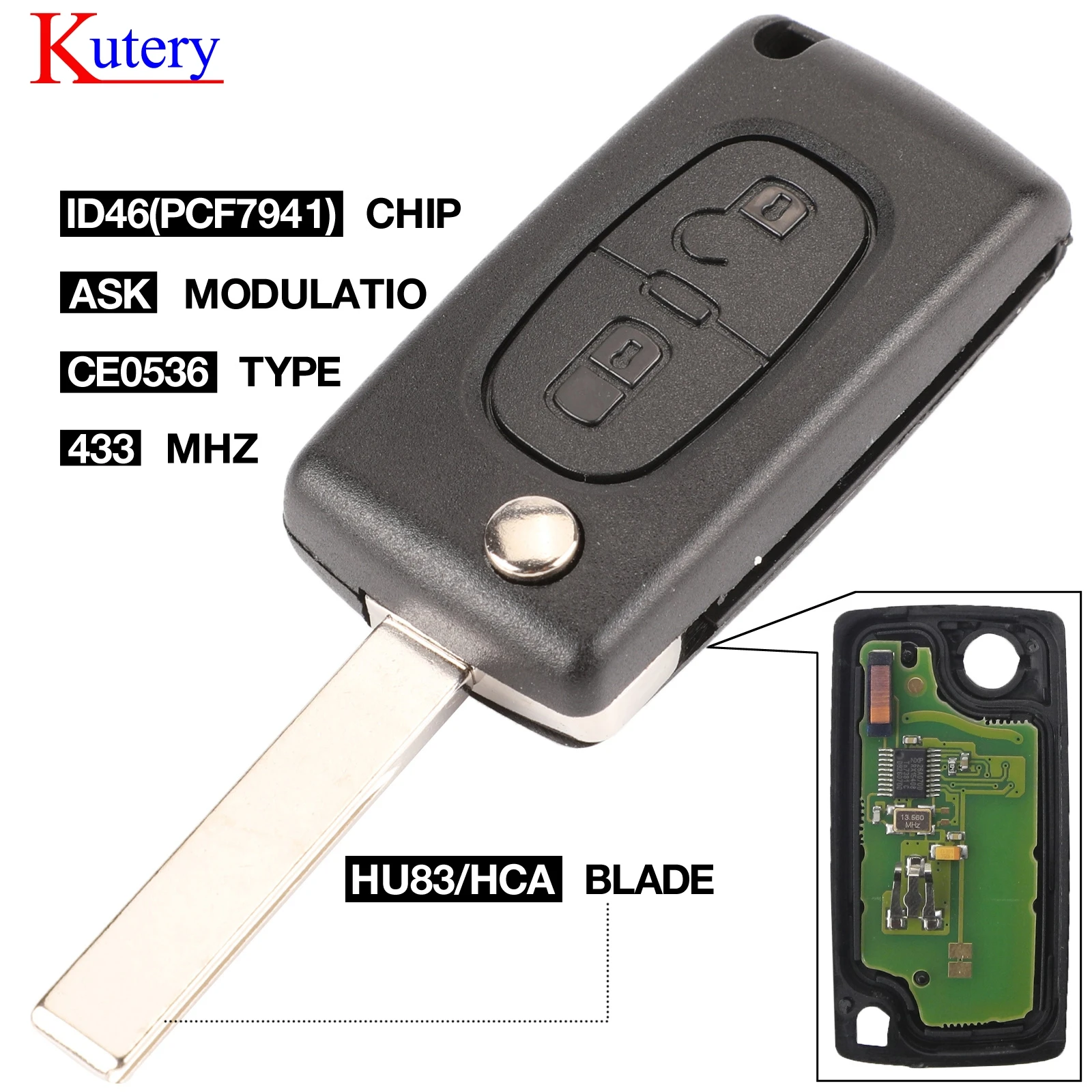 Kutery HCA/Hu83 2 кнопки дистанционного ключа автомобиля для Peugeot 307 3008 308 408 433 МГц ask PCF7961