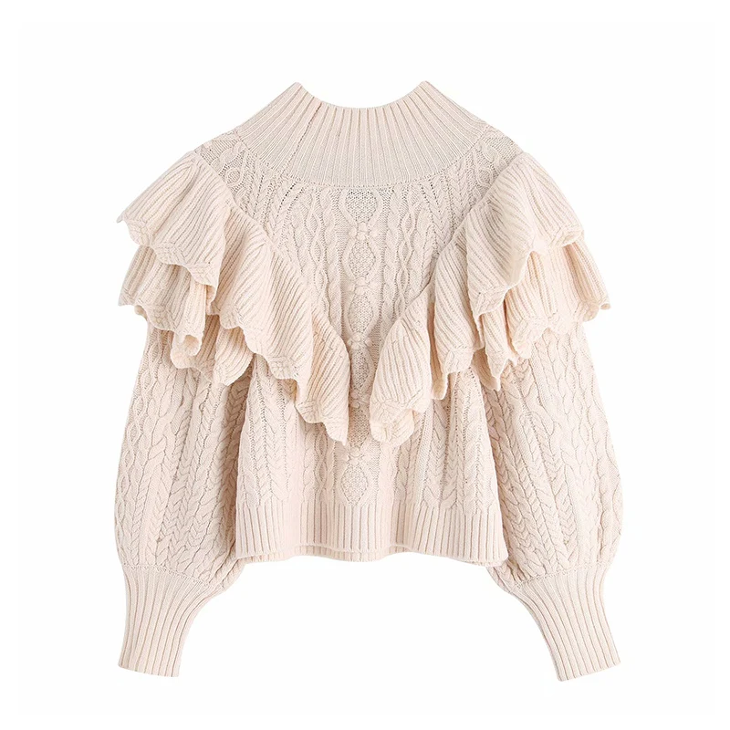 Fashion Ruffled Cropped Knitted Sweater Vintage High Neck Lantern Sleeve Female Pullovers Chic Tops