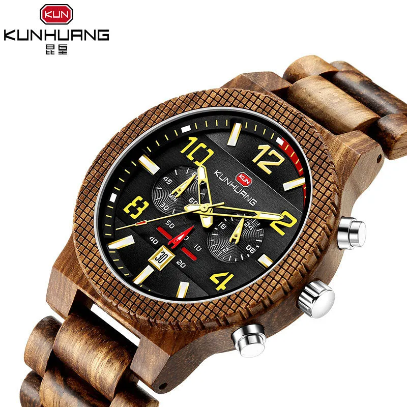 

Wooden Watches Chronograph Luminous Date Quartz Watches for Men Top Brand Luxury Wooden Men Sport Watch Clock Relogio Masculino