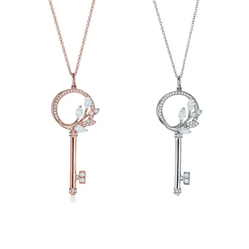 

S925 Sterling Silver Rose Gold Silver Round Arabesque Leaf Zircon Key Pendant Women's Necklace Free Shipping