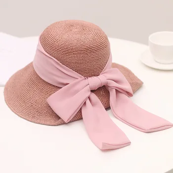 

Summer elegant bow with straw hat lady folds Korean big eave beach hat anti-ultraviolet sun hat.
