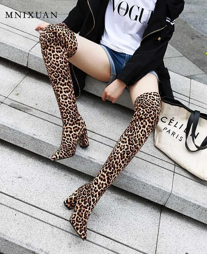 

MNIXUAN Womens Leopard Print Shoes Purple Boots 2019 winter new pointed toe slip on sock boots over the knee thigh high boots