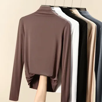 여성용 바텀 티셔츠, 모크넥 슬림 티셔츠, 단색 기본 올매치 상의, 언더셔츠, 가을 겨울