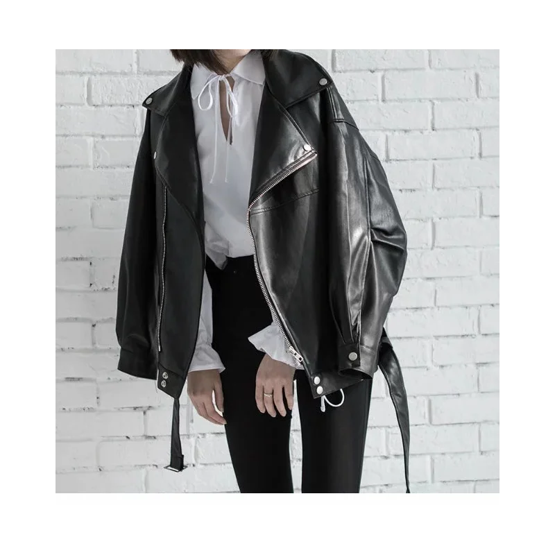 High Quality Spring Black PU Leather Loose Turn-down Collar Zipper Fashion Women Wild Jacket Belt Biker Outerwear | Женская одежда