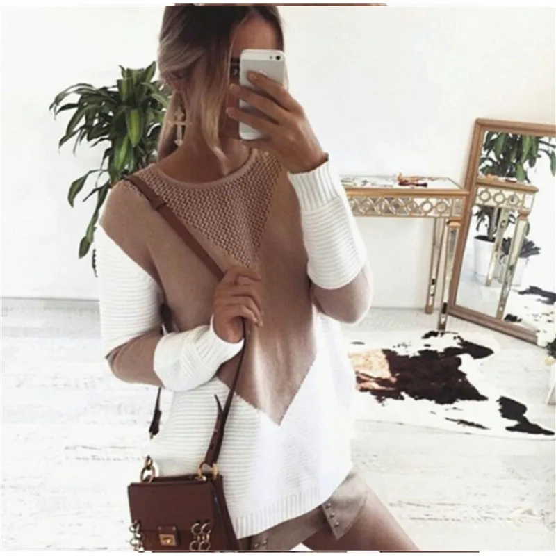 Women Plus Size Pullover Sweater Patchwork Casual Wear oversized sweater Jersey O-Neck V Shape Top Fashion Winter | Женская одежда