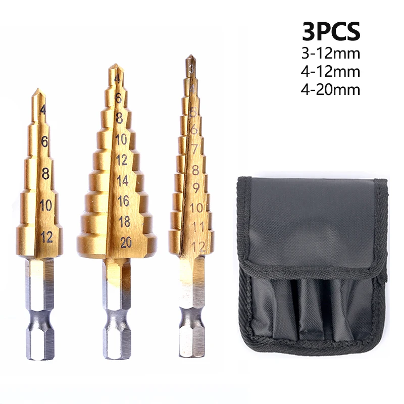 3PCS HSS Step Cone Drill Titanium Steel Metal Hole Cutter Bit Set 4-20mm Pouch 
