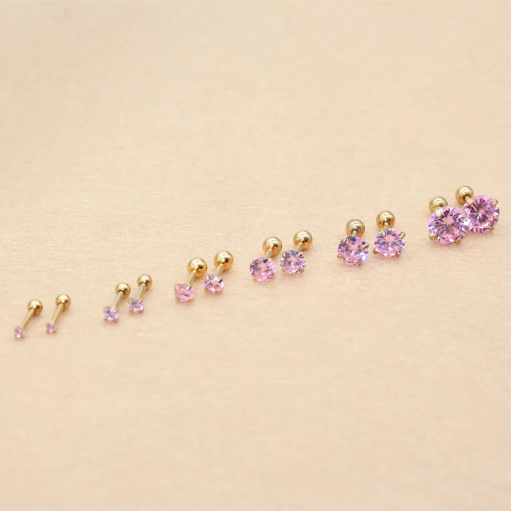 Needle 1.2*6MM Stainless Steel Screw-back Pink Zircon Stud Earrings Golden IP Plating No easy Fade Allergy Free