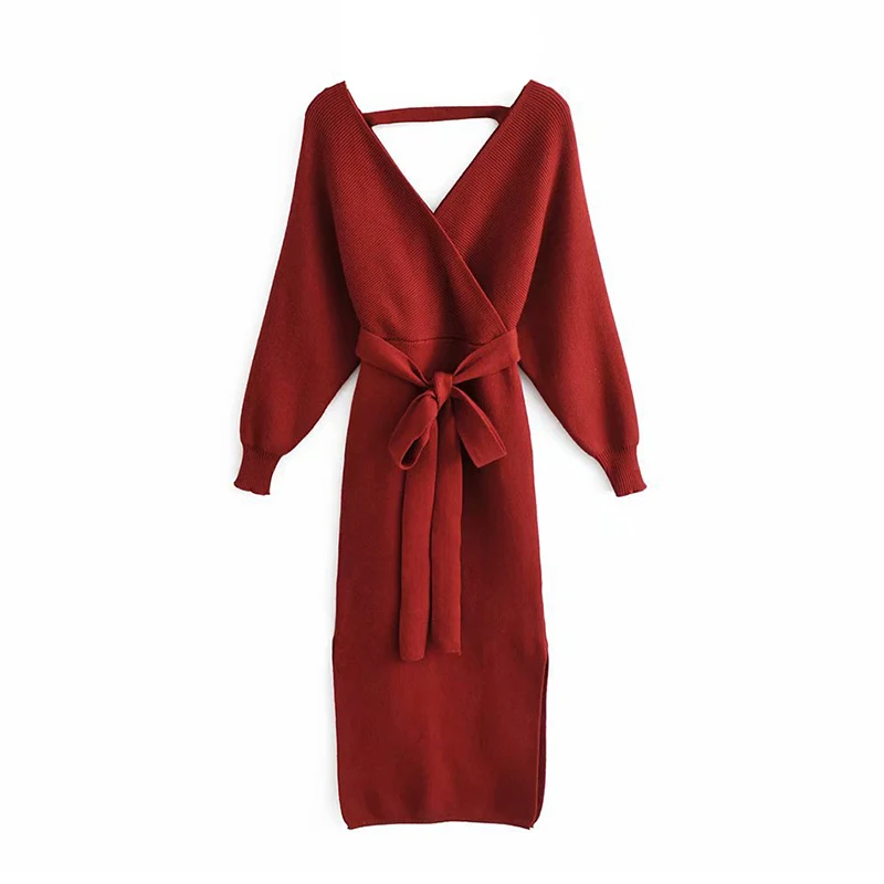 Casual Sexy Sweater Long Dress Women Elegant Batwing Long Sleeve Sashes Party Dress Side Split Backless Solid Dresses Vestidos