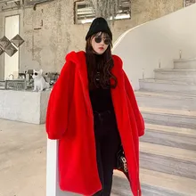 Nowy 2021 zima kobiety z kapturem ciepły ciepły, długi płaszcz czerwony płaszcz ze sztucznego futra z królika koreański luźny dorywczo z długim rękawem ciepłe kurtki kobiet