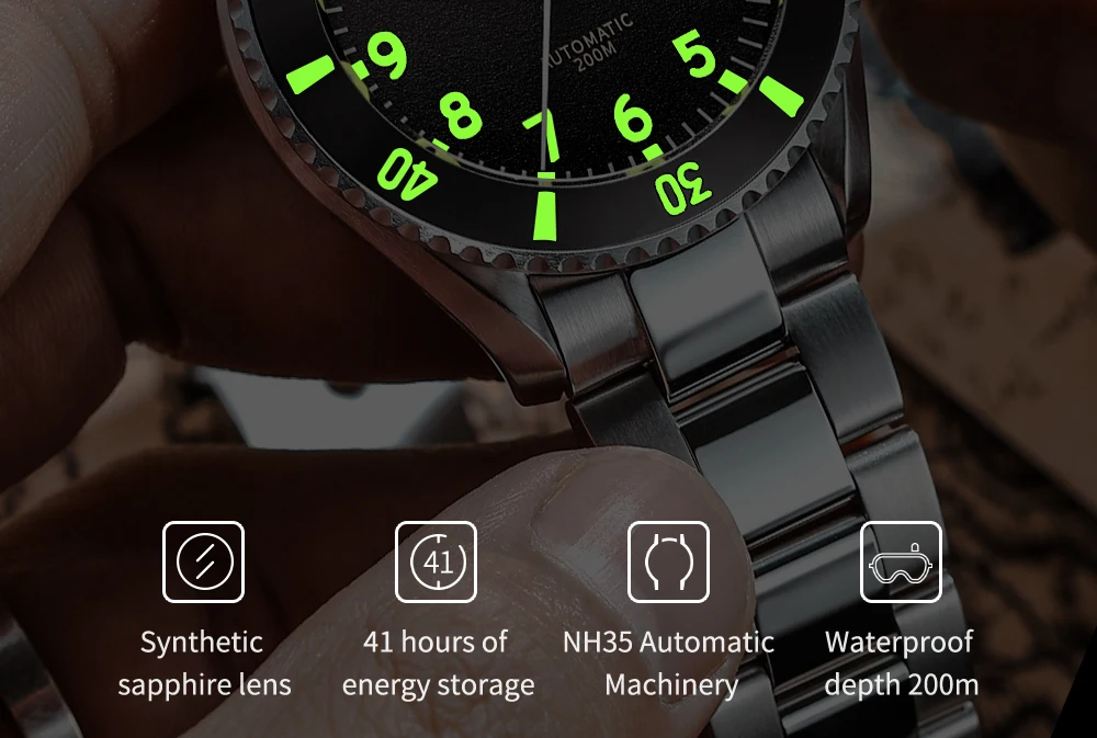 Addies Dive NH35 Automatic Watch One-way Rotating Ceramic Ring 316L Stainless Steel Watch Sapphire Crystal 200m Waterproof Watch