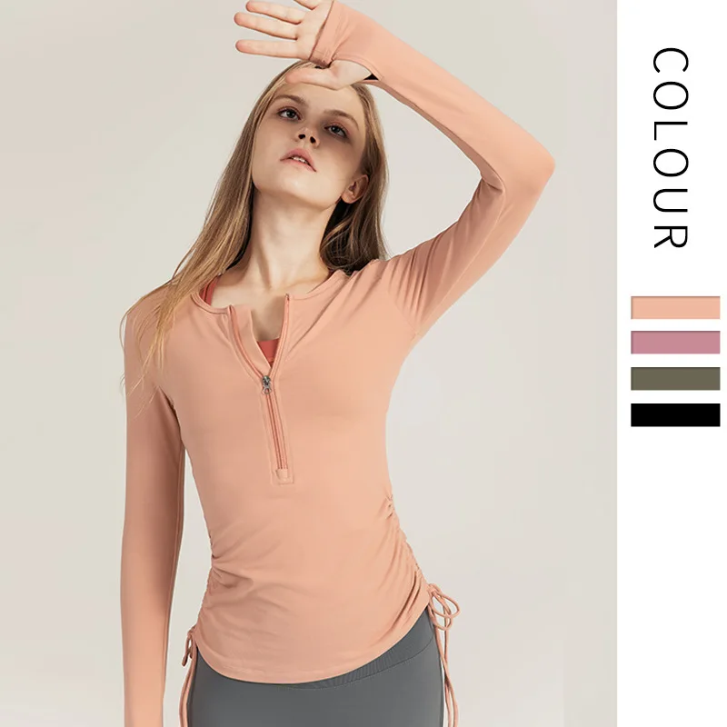 

Pulling Rope Zipper Yoga Top Women Long Sleeve Gym Top Running Breathable T-Shirts Quick Drying Clothes Playera Mujer