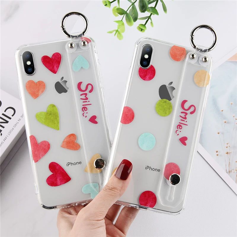 

Ottwn Cute Cartoon Love Heart Phone Case For iphone XS MAX XR X 8 7 6 6s plus Fashion Cases Shell Bracket Wrist Strap Cover