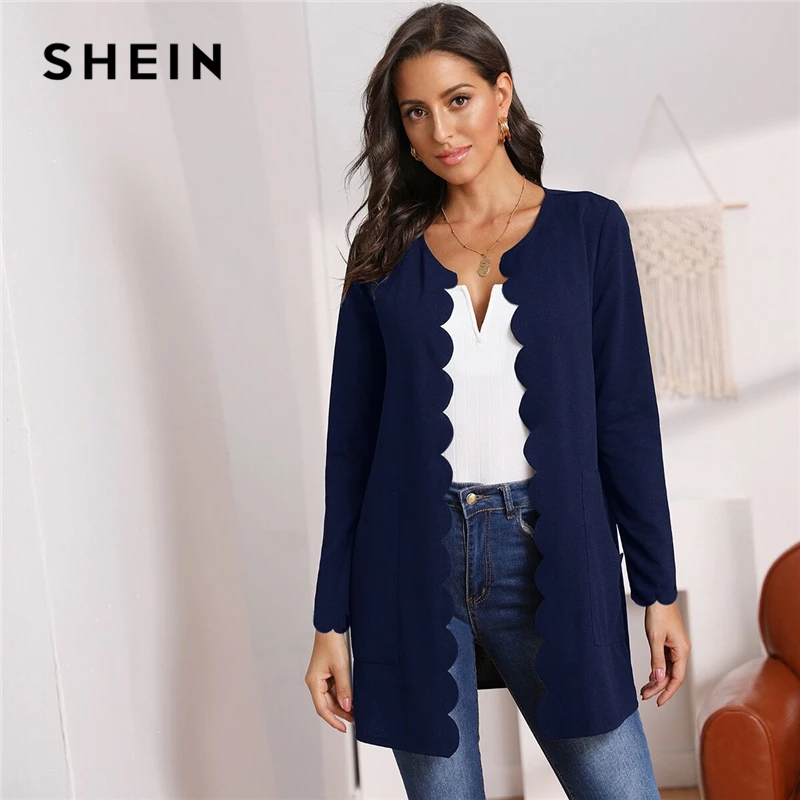 Best  SHEIN Round Neck Solid Open Front Scallop Trim Elegant Coat Women 2019 Autumn Long Sleeve Office La