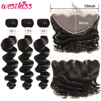 

West Kiss 13x6 Lace Frontal With Bundles Brazilian Loose Wave Weave Hair 3 Bundles With Frontal Pre Plucked 6" Part Space H Remy