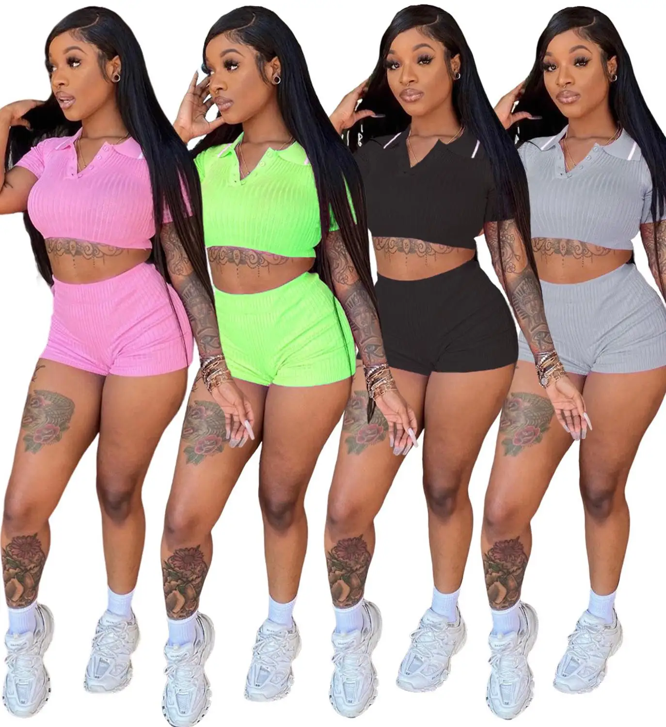 

Women 2 Piece Set Summer 2020 Crop Tops and Short Two Piece Matching Set Club Women Outfit Sets Sexy Neon Green Pink Short Sets